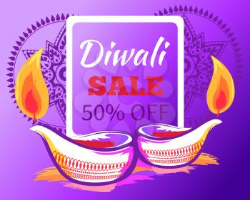 Diwali sale -50 off sign with festive burning candles on bright purple background. Vector illustration with discount dedicated to festival of lights