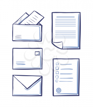 Office messages and envelopes with pages vector. Monochrome sketches outline isolated icons set of papers and documentation. Postal signs on sheets