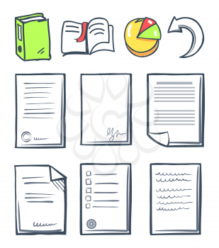 Office paper and pie diagram chart set of isolated icons vector. Black pages with stamps and voting form. Book with bookmark, arrow and indicator