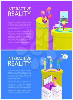 Virtual reality text sample on posters set vector. Innovative technologies, people using vr glasses. Male playing table tennis, women talking chatting