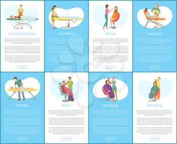 Chocolate body spa and cosmetician set of posters. Was depilation and massage, barber with man, hair styling makeup of visagiste. Text sample vector