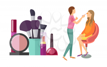 Visage makeup visagiste professional isolated icons vector. Mirror and brushes, foundation and lotions, palette of eyeshadow and lipstick for client
