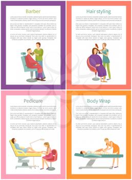 Hair styling barber hairdresser posters with text sample set vector. Body wrap and pedicurist working with client woman. Toenails care by specialist