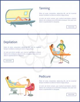 Tanning spa salon procedures pedicure set of posters with text sample vector. Depilation with wax stripes usage, gaining of tan in solarium parlor