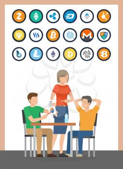 Bitcoin and dogecoin currencies set of isolated icons and people sitting by table vector. Bitcoindark and litecoin, dash and bitshare cryptocurrency