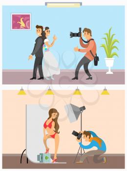 Photographers service for wedding and studio shooting, room interiors design. Model in swimsuit, wedding day photo session, digital camera vector