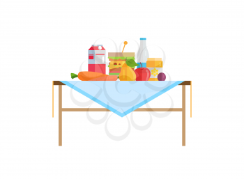 Vegetables and fruit, sandwich with cheese, milk in pack or bottle on table. Carrot near pear, ripe apple, plum beside honey jar vector illustration.