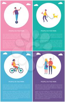 People in park relaxing and resting isolated cartoon vector poster set. Boy riding on unicycle, girl on bicycle and guy walking with dog on leash