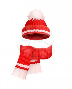 Winter warm red hat with white pom-pom and knitted scarf icons. Woolen neckcloth and headwear in realistic design, outfit clothes, personal accessories