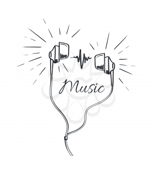 Music headphones with loud sounds playing sketch outline vector line art. Earphones with cable, melody tune from portable device. Audio reproducing headset line art
