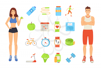 Woman and man with isolated icons vector. Sportive people with ripe fruit and broccoli. Bike and treadmill, jumping rope and timer clock, jogging lady