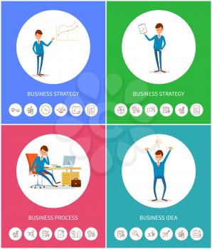 Business strategy process, businessman idea and plan vector. Icons of charts, gears and phone mobile cell. Boss leader holding page document in hands