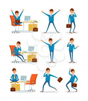 Businessman working in office, ceo with briefcase running to work vector. People in business, man talking on phone, leader with happy face smiling