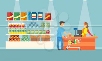 Supermarket cashier and client in shop vector. Man with shopping trolley buying bread products. Shelves with canned bottles, oil and packages products