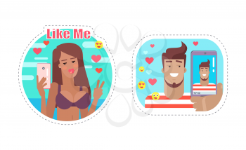 Like me blogger male and female, people with phones taking photos and making video set vector. Online communication and lifestyle, reaction smileys