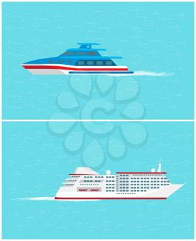 Water transport yacht and cruise liner set vector. transportation cozy and comfortable for people to travel with. Ship for passengers and voyagers