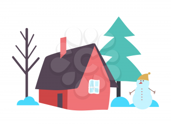 Tree with house garden with trees, outdoor view vector. Home with chimney, winter season and snowman wearing warm hat on snow head. Building and pine