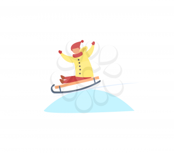 Happy boy sledding down hill on toboggan vector isolated. Winter time activity, recreation at snow, child tobogganing outdoors. Holiday vacation at cold days