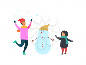 Winter activities of family mother and kid making snowman vector. Mom and child wearing warm clothes, having fun. Woman and son with round snow balls