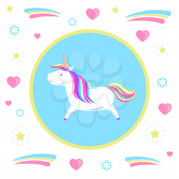 Childish girly unicorn from legend, mysterious horse from fairy tales in circle on pattern with hearts and dots. Animal character with rainbow mane vector