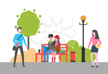 Couple sitting on bench in park vector, outdoors activity. Freelancers working on laptops, students walking with notebooks and papers from university