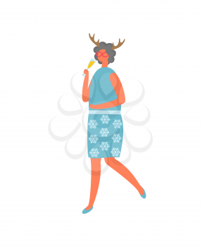 Woman in blue skirt with flowers and blouse, drinking elite champagne vector cartoon character isolated. Female with deer horns accessory, vector icon