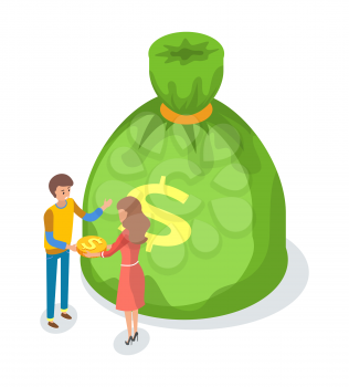 Green money bag with dollar sign, cartoon male and woman exchanging coins, vector crowdfunding concept. Practice of funding project by raising profit