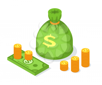 Stack of golden coins, money sack or bag, dollar bills isolated currency vector. Crowdfunding finance and cash, credit payment profit and credit isolated