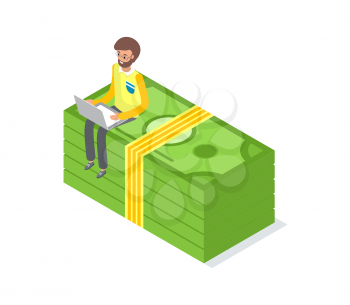 Businessman sitting on money pack isolated vector, stack of dollar bills and man typing on computer, freelancer earning money, crowdfunding concept