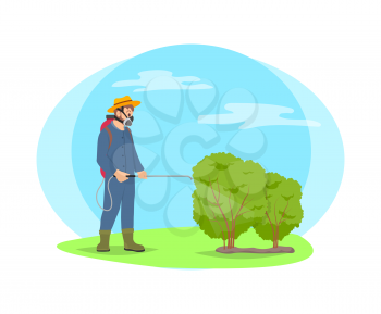 Farmer spray chemicals on shrubs vector cartoon icon. Man in protective suit and respirator splashing pesticides from harmful insects and plants.