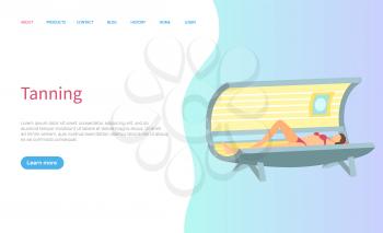 Tanning procedure at spa salon lady in sunroom vector. Woman getting tan on skin, professional treatment in solarium online page with text sample. Website or webpage template landing page in flat