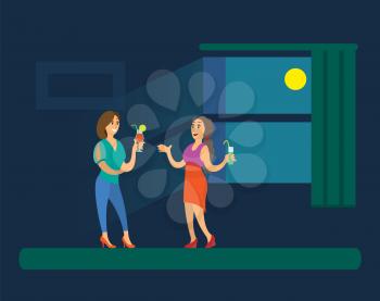 Girls holding cocktails, women in evening dress standing near big window with dark view and glowing moon. Ladies speaking and drinking alcohol vector