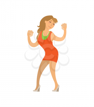 Dancing girl moving body on music isolated lady vector. Woman wearing short dress enjoying song on disco, happy female on party, partying hard lady