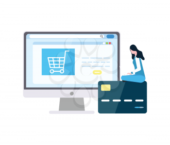 Woman ordering things online purchasing items from store vector. Girl sitting on plastic credit card looking at screen of computer, lady with money