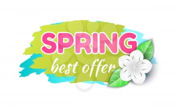 Spring best offer reduction of price banner isolated icon vector. Brush style, text sample and flower in bloom. Cost lower, clearance shop promotion