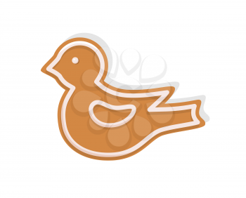 Bird cookie made of gingerbread for Christmas celebration vector. Isolated icon of gingerbread biscuit with topping creamy foam in shape of birdie
