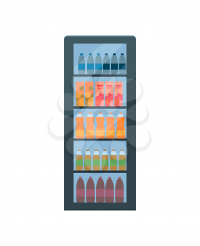 Refrigerator with soda and fizzy drinks vector isolated. Fridge with cooling beverages, mineral water and juice, cinema water cooling device on white