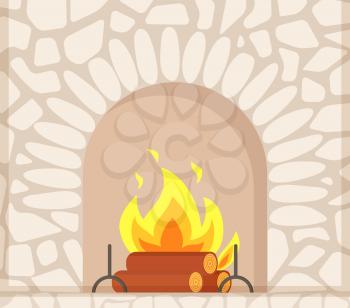 Stone fireplace with burning firewoods, granite bonfire hearth vector closeup. Luxury bonfire, flame and logs, white bricks, home interior furniture piece