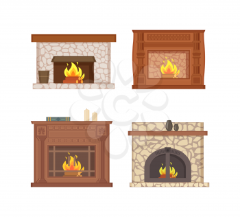 Fireplace with bucket and shelf for vase decor vector isolated icons set vector. Carved wooden ornaments on furnace, cage and stone pavement interior