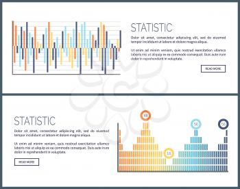Statistics charts and diagrams visual data web vector. Webpage with text sample, graphics and schemes, visualization of business analysis results info