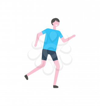 Sportsman in blue t-shirt and black trousers, vector athletic man isolated cartoon character. Runner in sport suit, jogging person in uniform, flat design