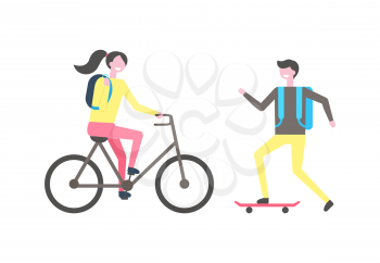 Student skating on skateboard, woman riding on bike vector isolated people. Male skater ride on board, smiling cartoon character with backpack, girl on bicycle