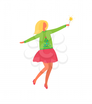 Woman in pink skirt and green sweater with evergreen tree. Vector female in flat design isolated icon with firework sparkler item. Girl celebrating Xmas