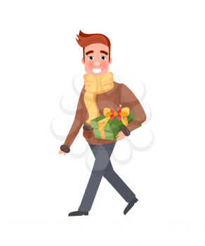 Christmas shopping smiling and going man with red hair. Green present with big bow, yellow scarf and brown sweater with blue trousers and shoes vector