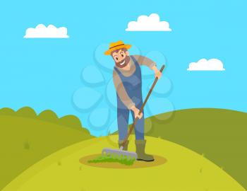 Farmer with rake working on field vector. Man gardener spreading compost fertilizing land ground of farm. Hill with green grass and bushes in distant