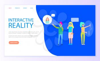 Interactive reality people wearing VR glasses vector. Web page internet site, users chatting, communication with friends online goggles and screens. Website template landing page in flat