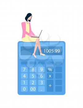 Business calculations, female entrepreneur with laptop vector. Businesswoman with notebook and calculator, accounting and financial data, budget planning