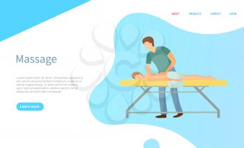 Massage service online page vector, professional masseur in uniform and client in towel on procedure table. Body care and treatment, relax and healthcare