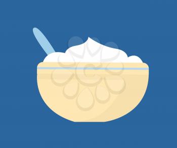 Mashed potatoes in bowl vector. Flat illustration of pratie dish on plate with cutlery isolated on blue. Rustic cooking meal, homemade puree icon