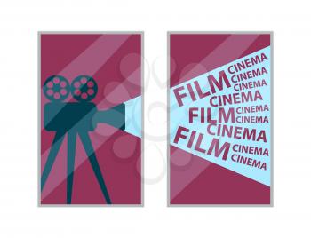 Cinema interior element, old video camera with film reels picture vector. Decor in frame, movies theater hall, image with motion picture shooting device
